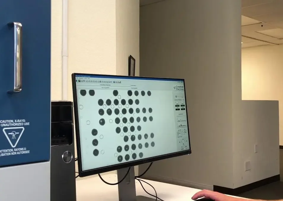 X-ray inspection display showing a solder ball array
