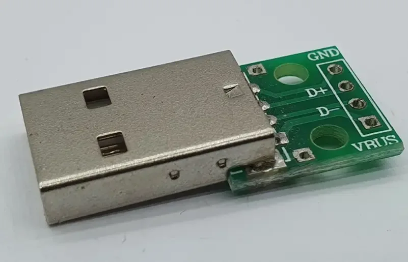 USB Type-A plug on a labeled breakout board