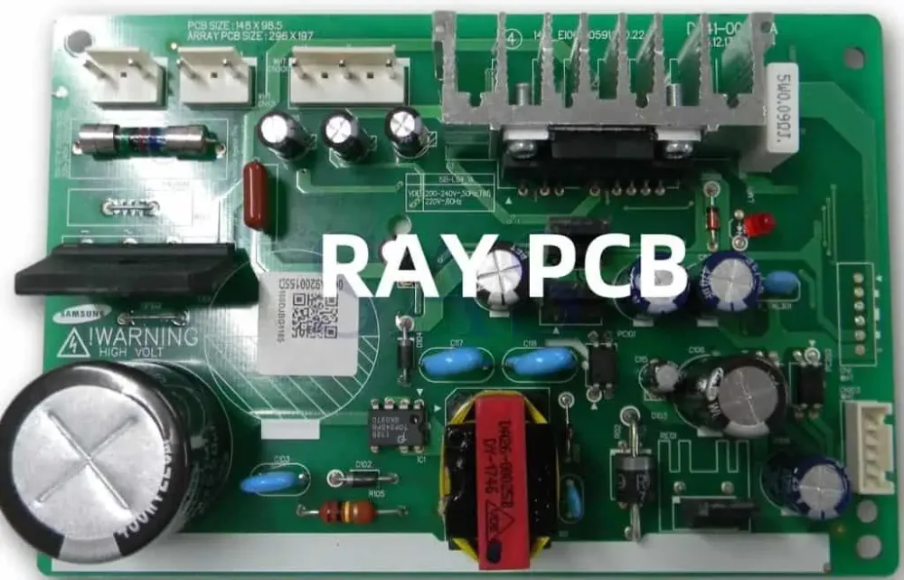 Power converter board with capacitors and terminals