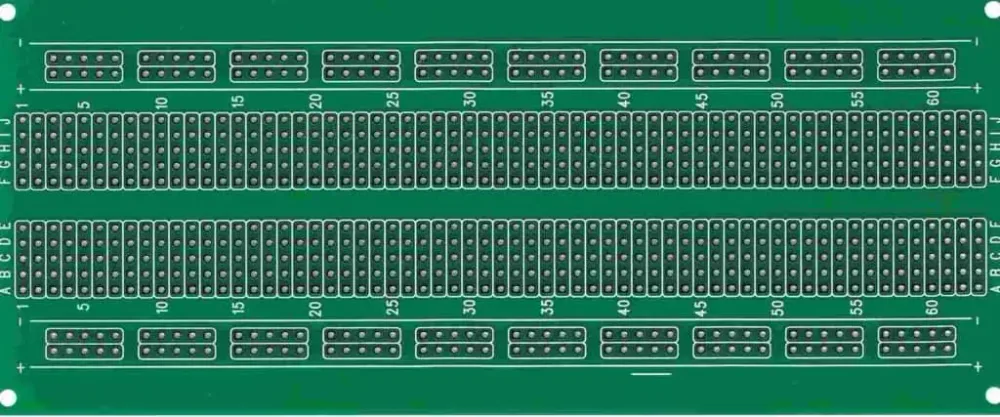 Long bare circuit board with repeated plated holes