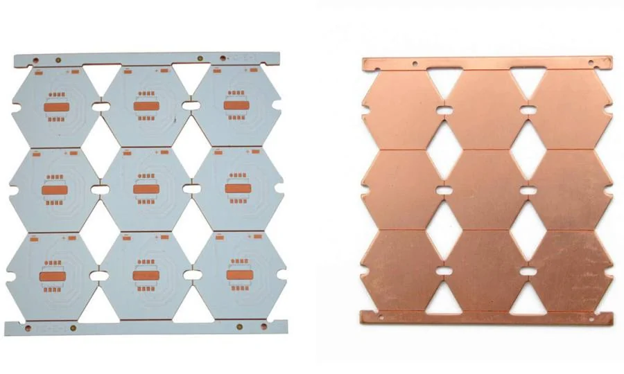 Copper-base PCB panel shown from the circuit side and the metal back.